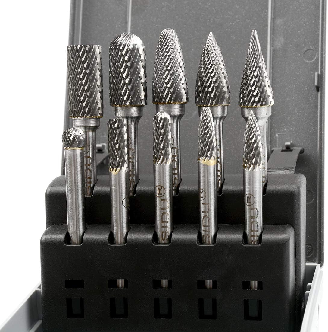 OSIDU Carbide Burr Set 10pcs Die Grinder Bits 1/2 Inch Cutting Burrs 1/4 Inch Shank Double Cut Carbide Rotary Burr Set for Die Grinder Drill,Metal Carving,Polishing,Engraving,Drilling