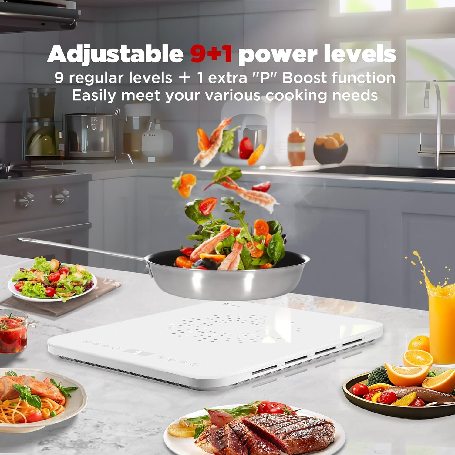 Portable Induction Cooktop, Countertop Induction Burner 0.9" Ultra-thin, Low Noise, 1200W Induction Hot Plate with Multi-safety Protection, 10 Power Setting, Timer, 110~120V White