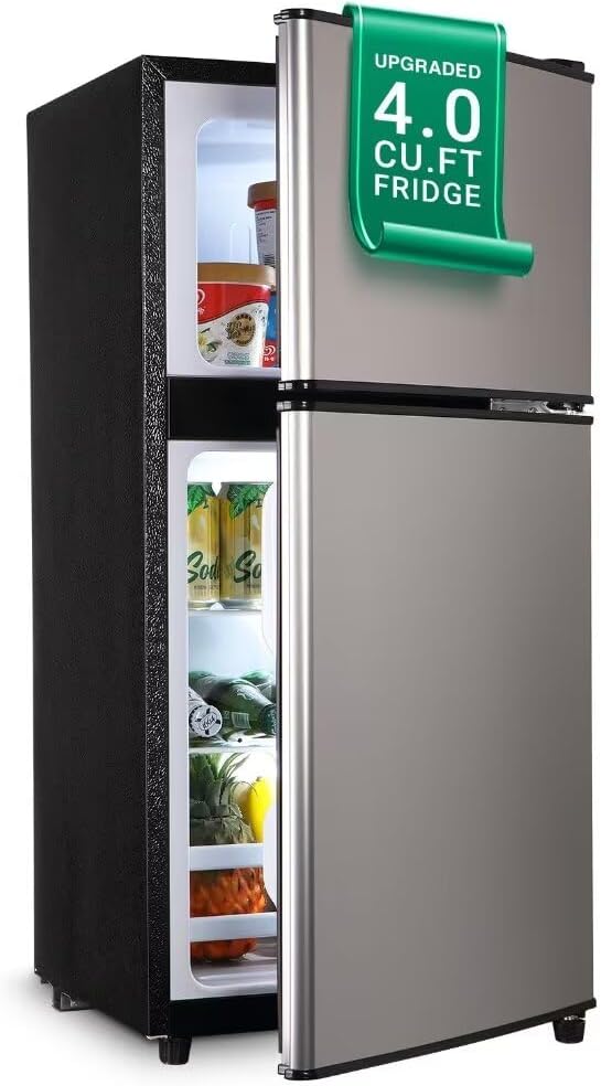 Apartment Size Refrigerator, Mini Fridge with Freezer Perfect for Kitchen, Office, Dorm, Apartment, 4.0 Cu.Ft Compact Refrigerator with Double Door, Low Noise, Energy Saving, Silver