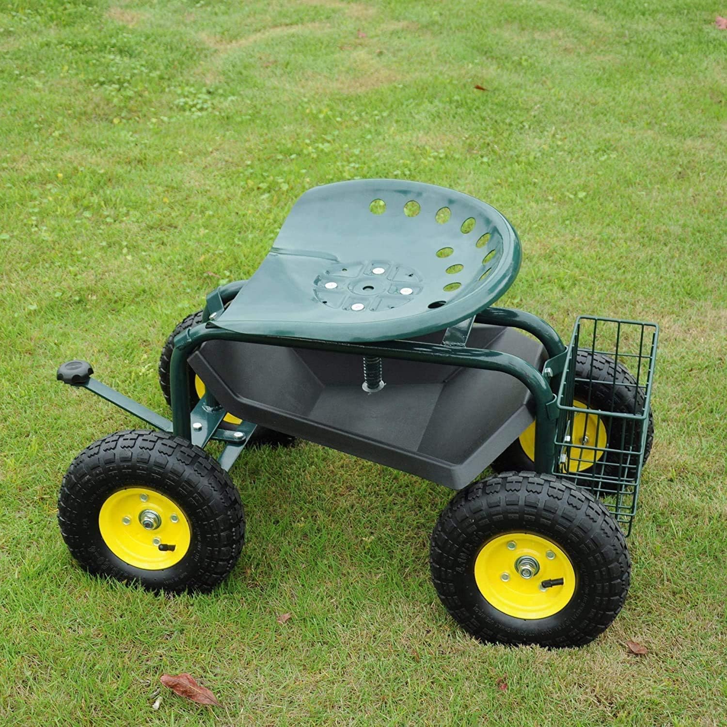 Dporticus Rolling Garden Steerable Tool Cart Scooter with Extendable Steer Handle,360 Swivel Seat and Tool Storage Basket, Green