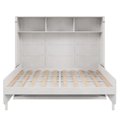 Full Size Murphy Bed with Desk, Horizontal Wall Bed with Storage Shelves, Solid Wood Cabinet Murphy Bed Full Size, Antique White