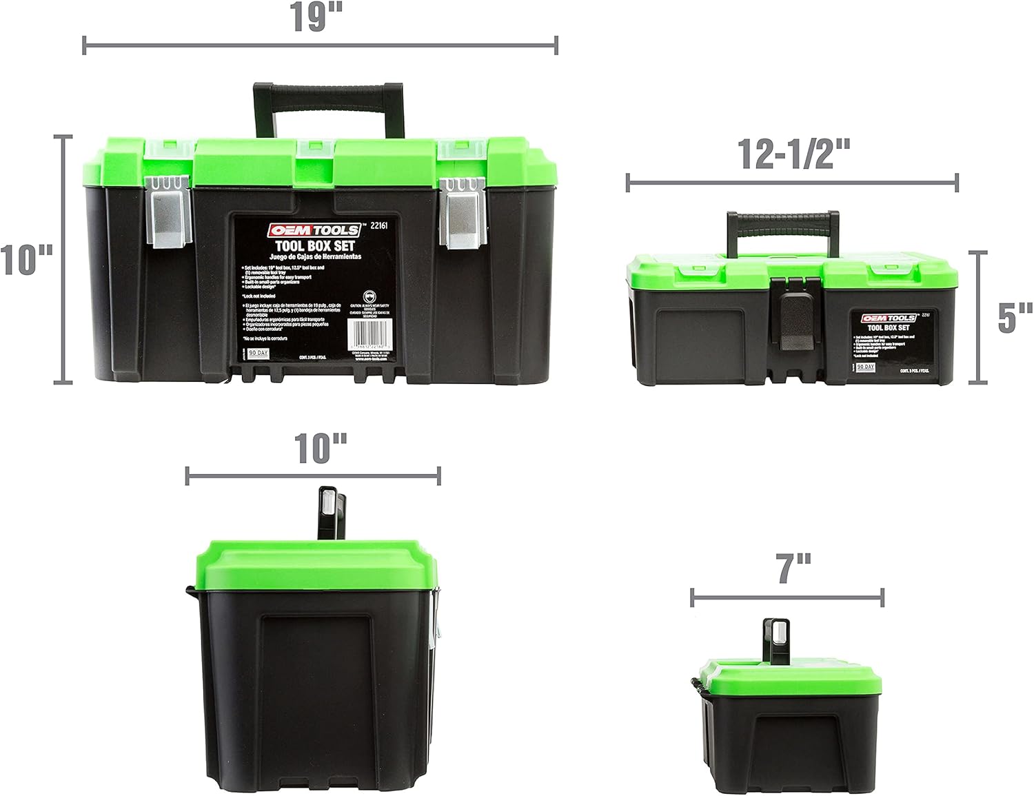 OEMTOOLS 22161 3 Piece Tool Box Set with Removable Tool Tray and Bonus 12.5" Tool Box, Black and Green Intermediate Tool Box Organizational System Pack of 2