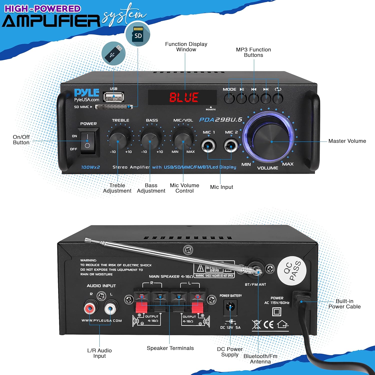 Pyle Wireless Bluetooth Stereo Power Amplifier - 200W 2 Channel Audio Stereo Receiver USA Warranty w/RCA, USB, SD, MIC in, FM Radio, for Home Theater Entertainment via RCA, Studio Use - Pyle PDA29BU Pack of 2