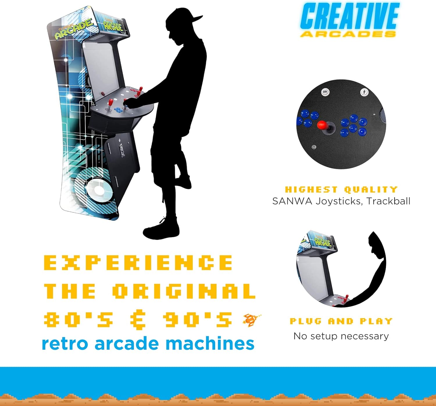Creative Arcades Slim Full Size Stand-Up Commercial Grade Arcade Machine | 4 Player | 4500 Games | 32" LCD Screen | 4 Sanwa Joysticks | Trackball | 2 Stools Included | 3 Year Warranty