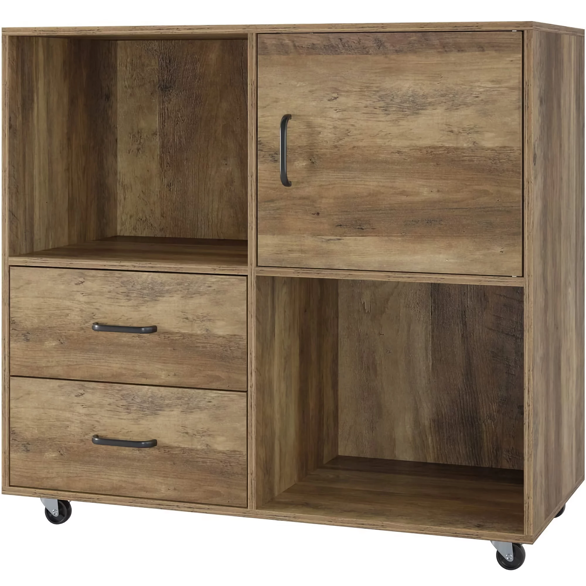 Wooden File Cabinet, Lateral Filing Cabinet Printer Stand with Wheels, 2 Drawers, Storage Shelves, Door Cabinet for Home, Office