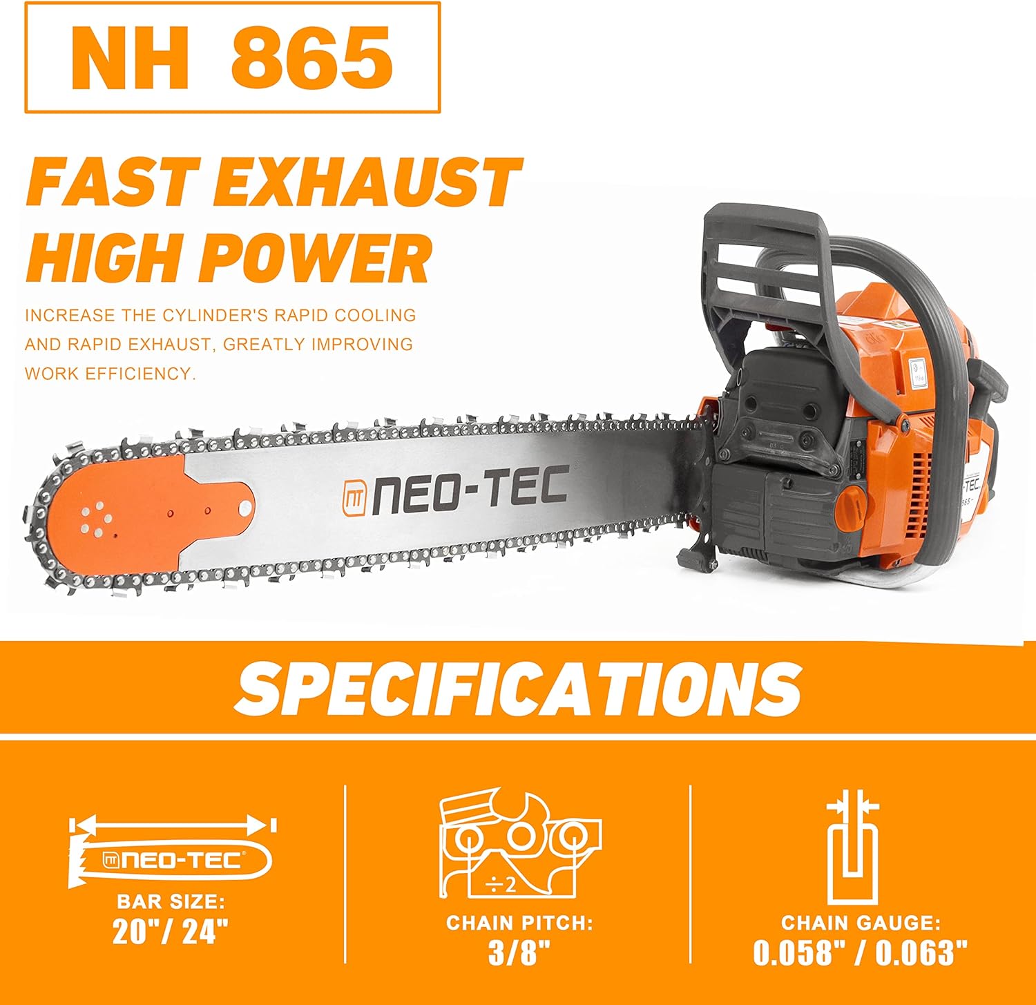 NEO-TEC NH865 65cc Gas Chainsaw for G365 With 24 Inch Solid Guide Bar Power Chain Saw, 3.4KW Gasoline Chainsaws for Trees and Wood Cutting, All Parts Compatible with Husqvarna 365 Milling