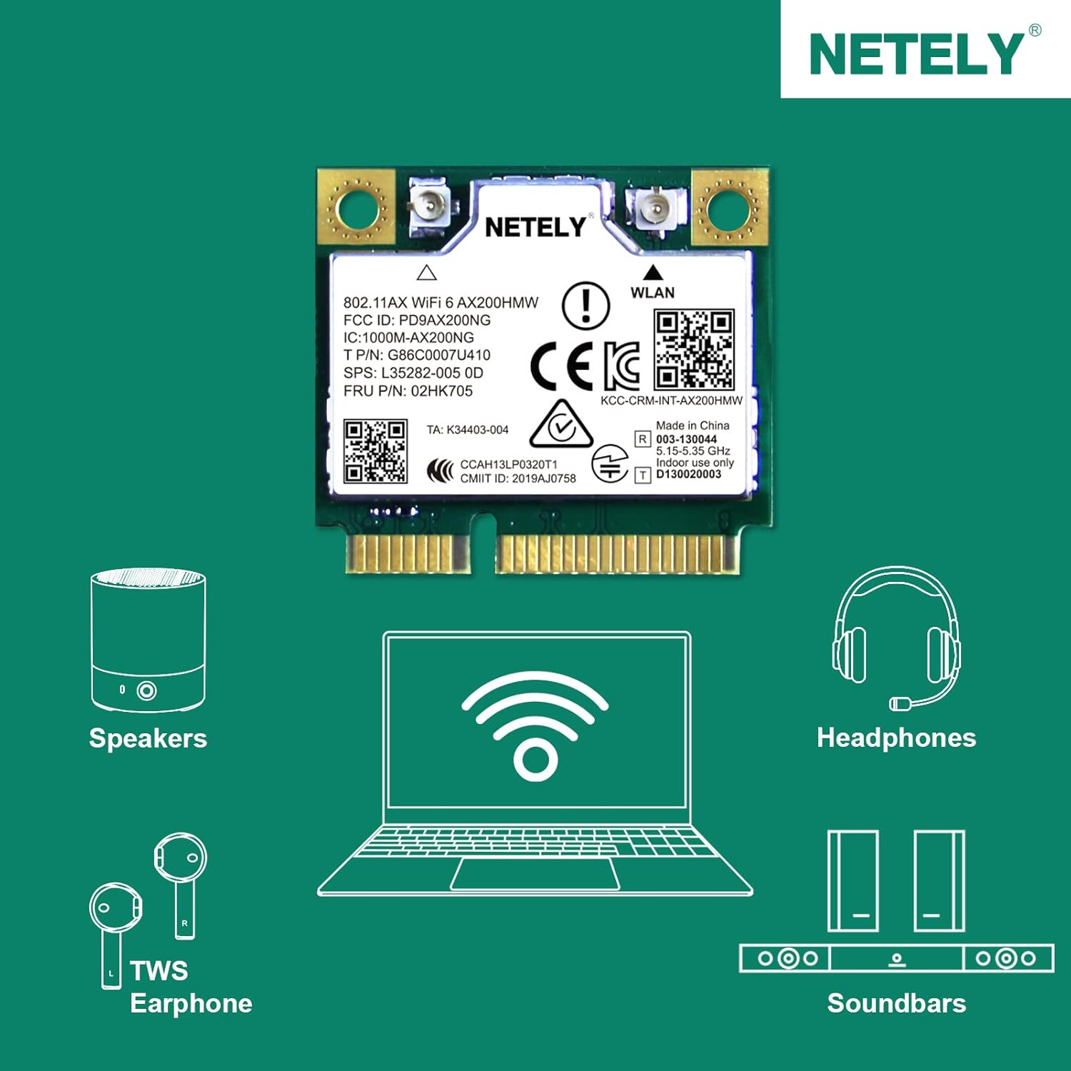 NETELY 802.11AX WiFi 6 AX200HMW Mini-PCIE Interface WiFi Adapter-WiFi 6 3000Mbps (2.4GHz 574Mbps & 5GHz 2400Mbps) Network Card with Wireless Audio Version 5.2 (WiFi 6 AX200HMW) Pack of 2
