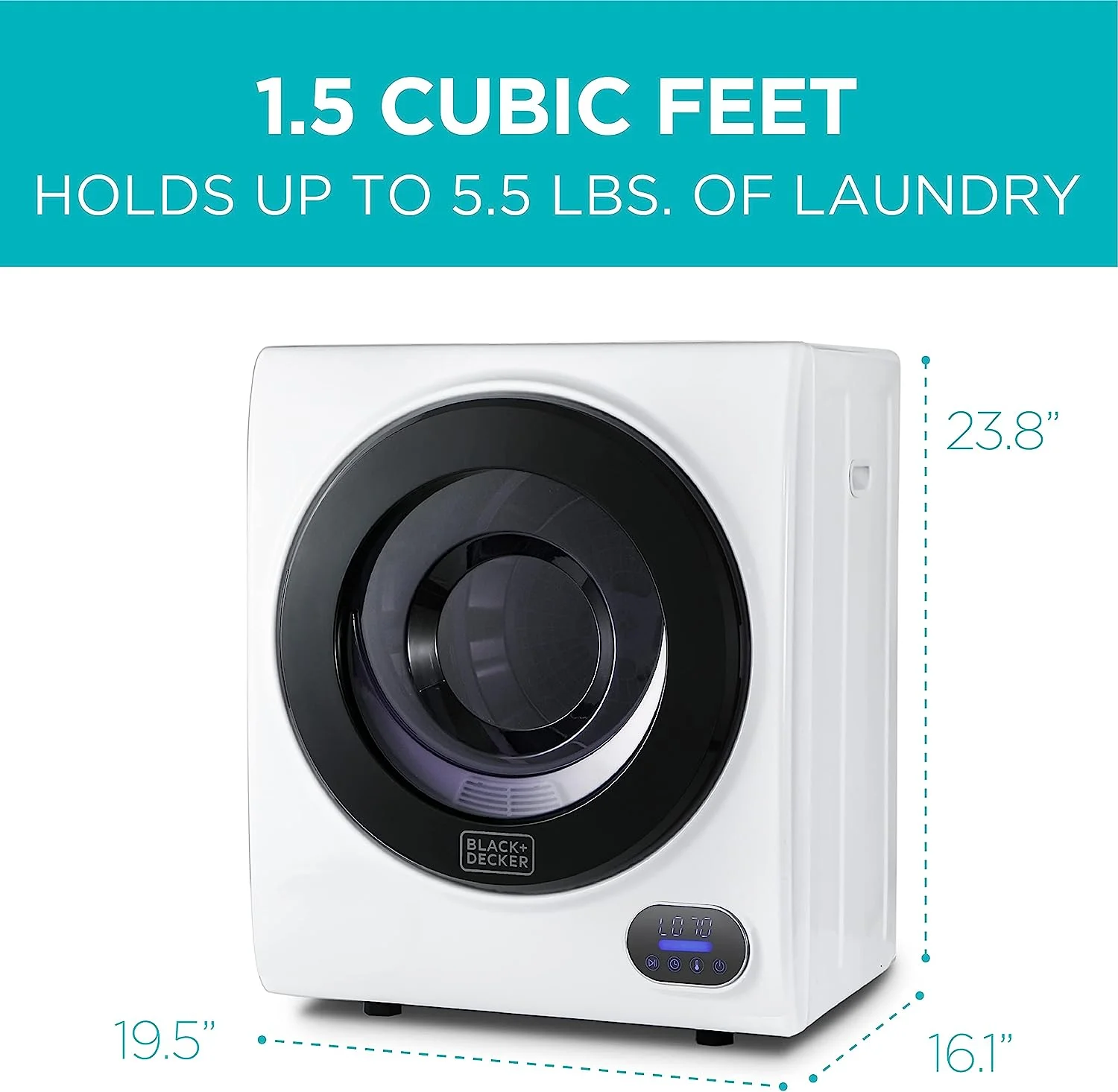 BLACK+DECKER BCED15 Compact Clothes Dryer, 1.5 Cu. Ft. 850W Electric Dryer, 120V Vented Portable Dryer with Stainless Steel Drum, Mini Dryer for 3.3 lbs. of Laundry for Standard Wall Outlet