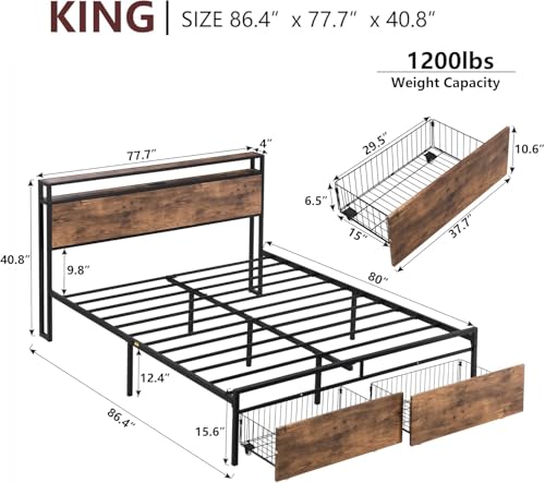 Queen Bed Frame with Headboard & Charging Station, Upholstered Platform Bed Frame with 2 Storage Drawers, Sturdy Wooden Slats Support/No Box Spring Needed/Noise Free/Easy Assembly/White