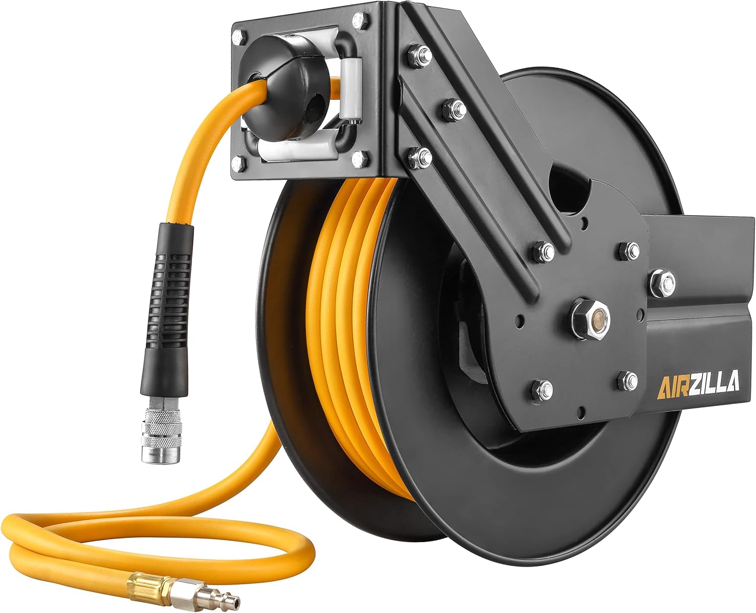 AIRZILLA Steel Retractable Air Hose Reel 3/8" Inch x 50' Feet Hybrid Polymer Hose, Heavy Duty Air Hose Reel included Auto Rewind Reel | Quick Air Coupler | Heavy Duty Steel Frame