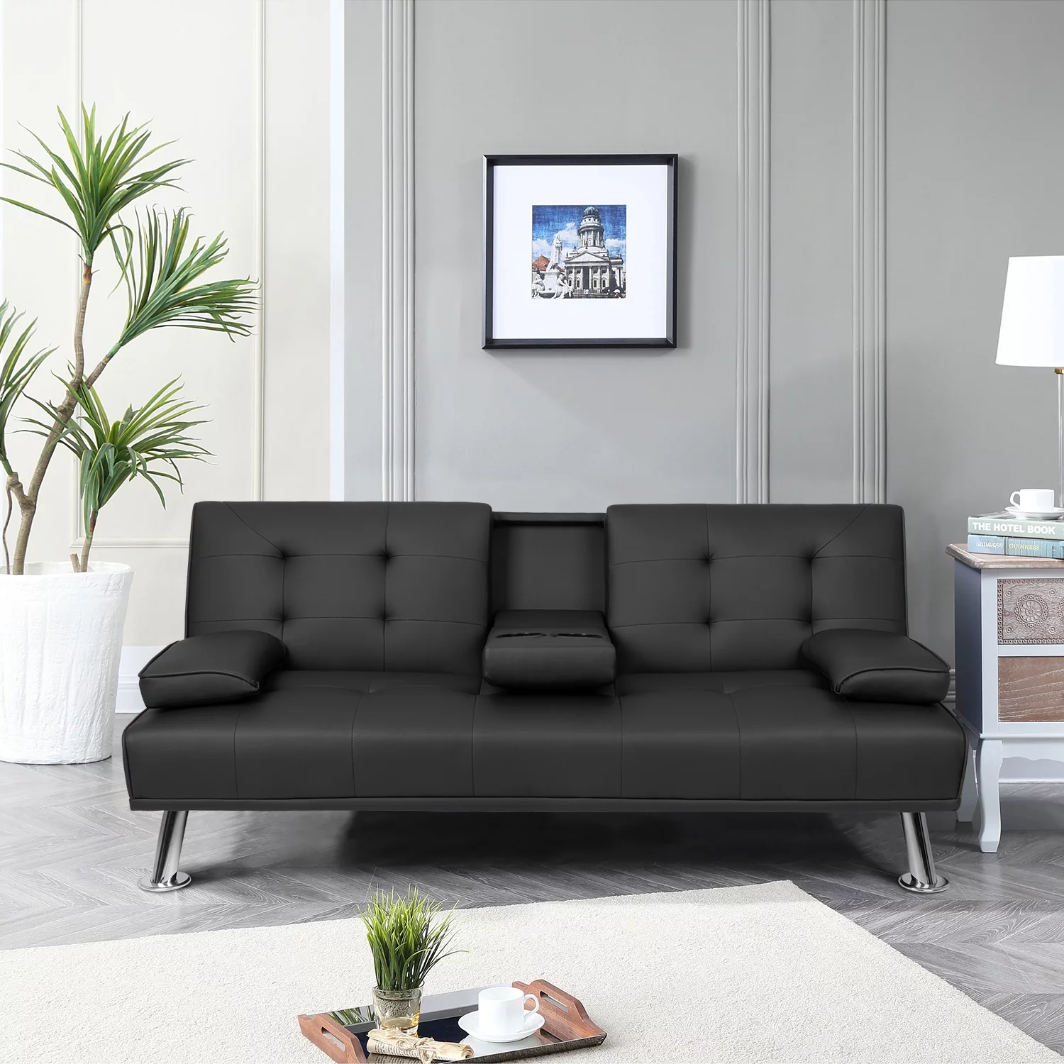 Lacoo Modern Faux Leather Convertible Futon with Cup Holders & Pillows, 65" Black