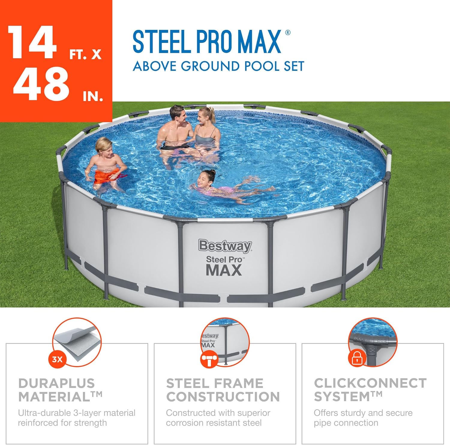 Bestway Steel Pro MAX 14 Foot x 48 Inch Round Metal Frame above Ground Outdoor Swimming Pool Set with 1,000 Filter Pump, Ladder, and Cover, Gray