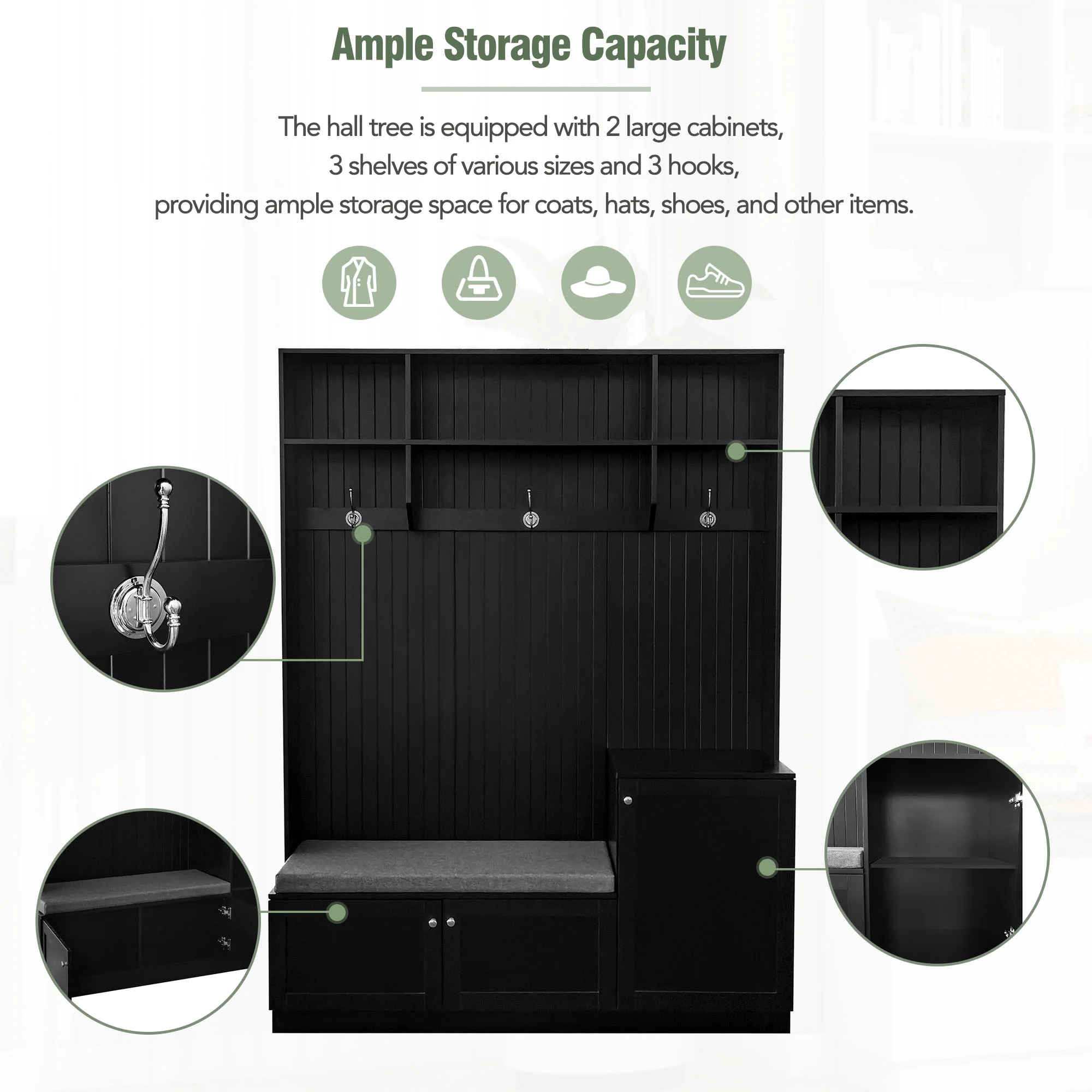 Churanty 4-in-1 Hall Tree with Bench and Shoe Storage, Coat Rack with Cushion Mudroom Bench and Hooks, Modern Hall Trees for Hallway, Black