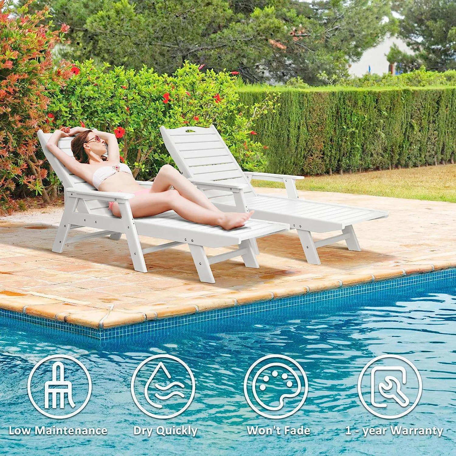 NALONE Chaise Lounge Outdoor with 5-Position Adjustable Backrest, HDPE Lounge Chair for Outside Supports Up to 400 LBS, Pool Lounge Chairs for Patio Poolside Deck Beach Backyard(White)