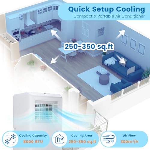 Acekool 8000 BTU Portable Air Conditioners, Portable AC with Remote Control for Room up to 350 Sq.Ft, 3-in-1 Functions/Digital Display/24 Hrs Timer/Caster Wheels for Home/Office/Dorms