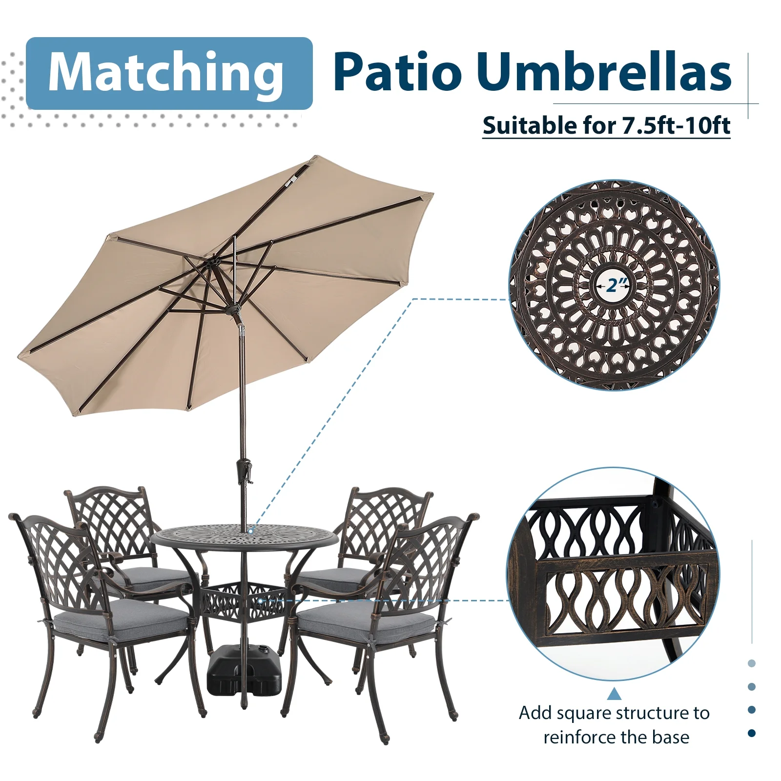 5 Piece Patio Dining Set, Rust-Resistant Cast Aluminum Patio Conversation Set, Outdoor Furniture Patio Table and Cushioned Chairs with Umbrella Hole, Lattice Design Antique Bronze