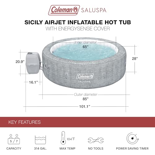 Bestway Coleman Sicily AirJet Large Round 5 to 7 Person Inflatable Hot Tub Portable Outdoor Spa with 180 AirJets and EnergySense Cover, Grey