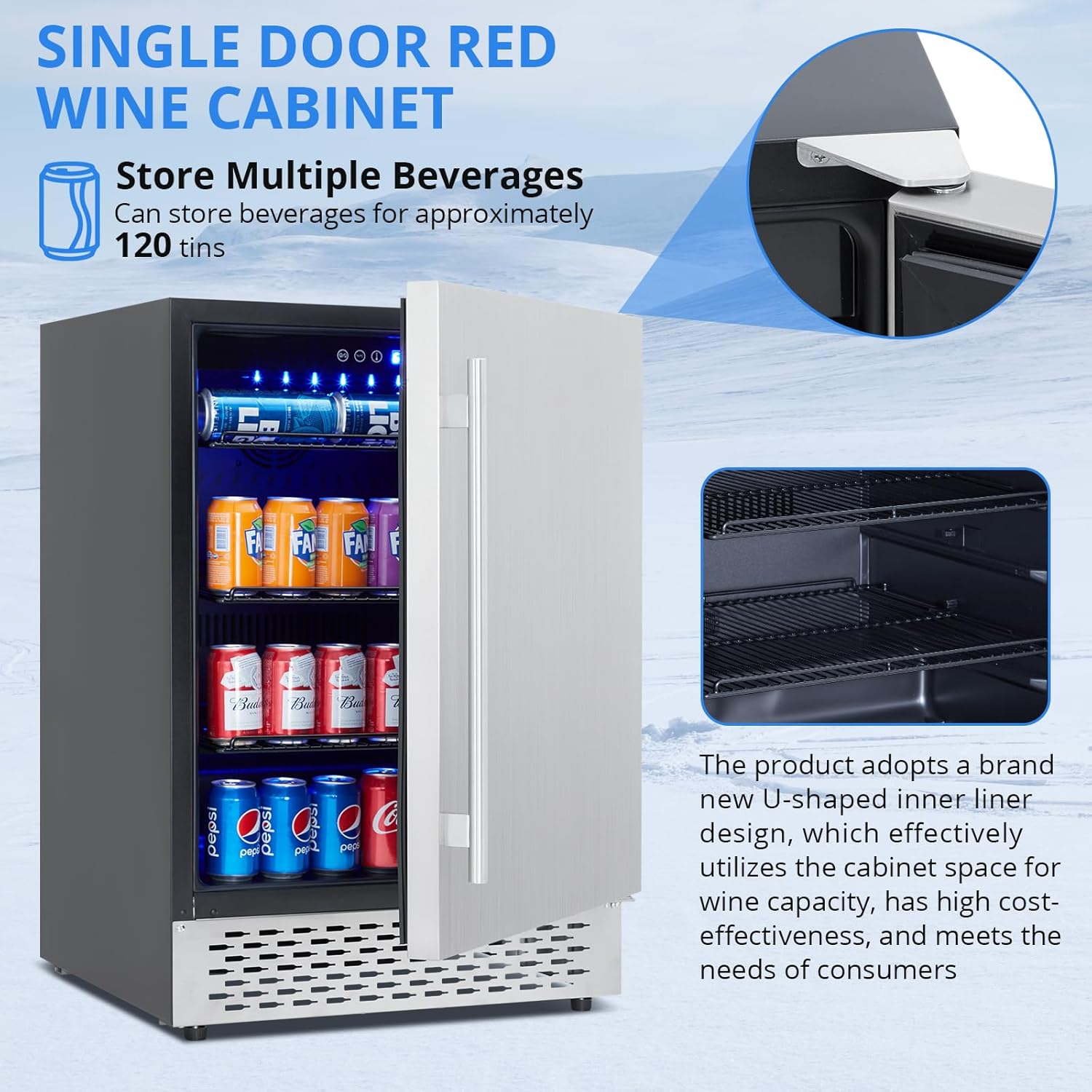 Outdoor Beverage Fridge - Weather Proof Stainless Steel, Beverage Cooler Under Counter, 120 Cans, Built-in/Freestanding, For Soda, Beer, Wine.