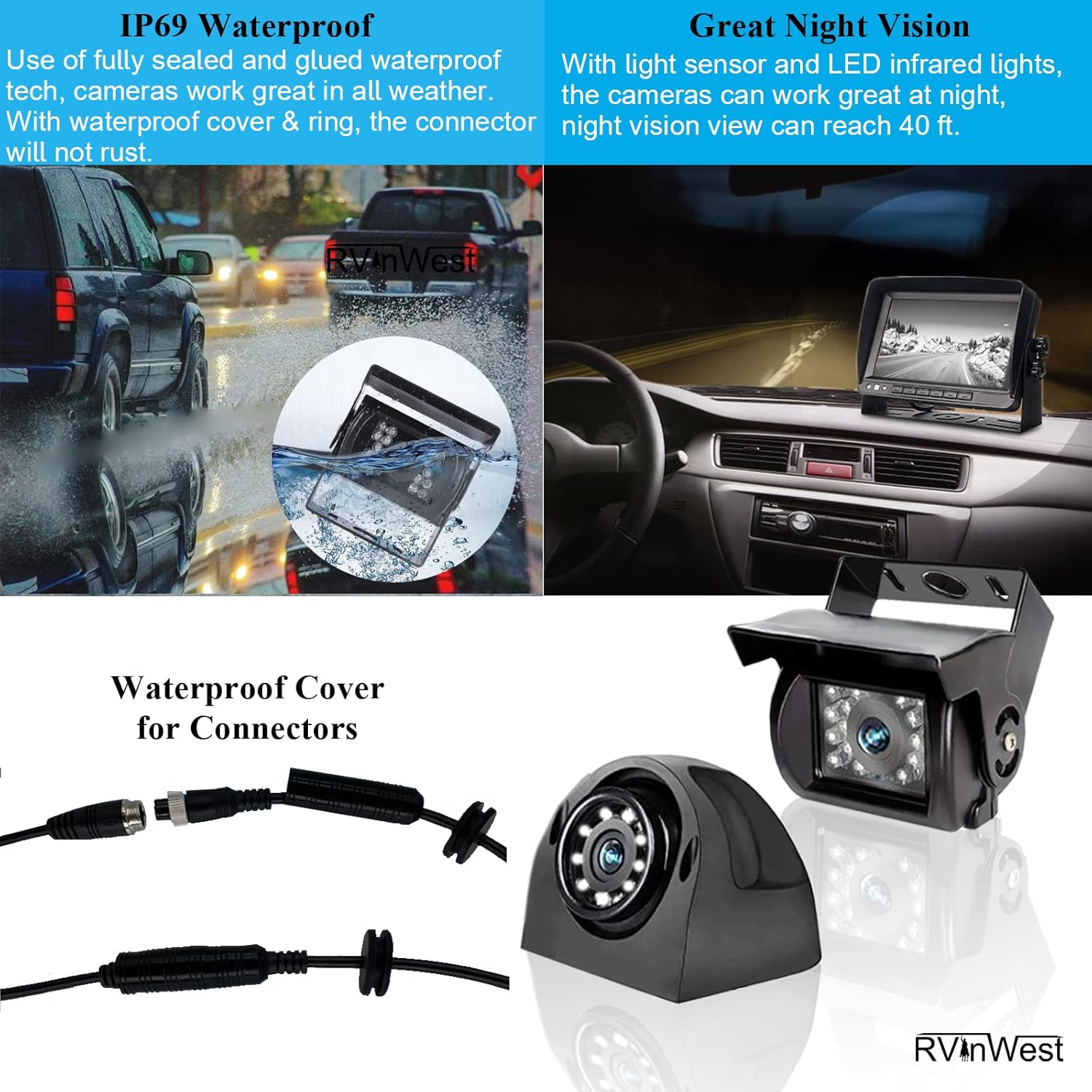 Backup Camera System with 9'' 1080P Monitor for RV Semi Box Truck Trailer Camper, 4 Split Screen Quad View HD DVR Record Monitor + IP69 Waterproof Night Vision Rear Side View Camera Avoid Blind Spot