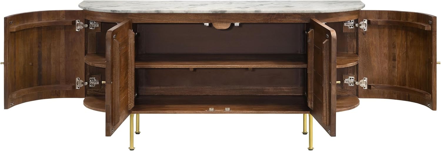 Benjara Evi 63 Inch Dining Sideboard Server, Curved Marble Top, White, Brown and Brass