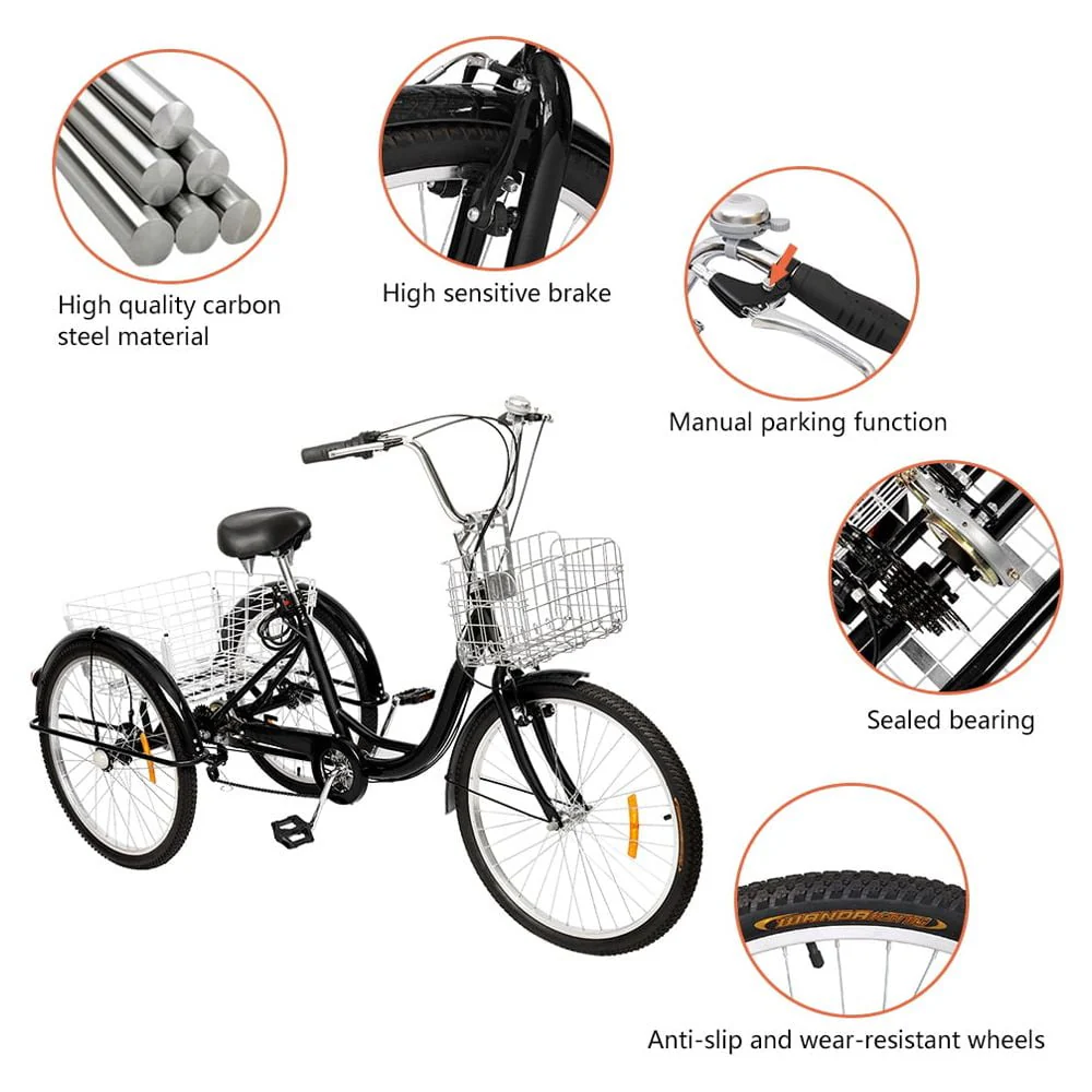 OverPatio Adult Tricycle 7 Speed, 24 Three Wheel Bikes, for Seniors, Adults, Women, Men, Black