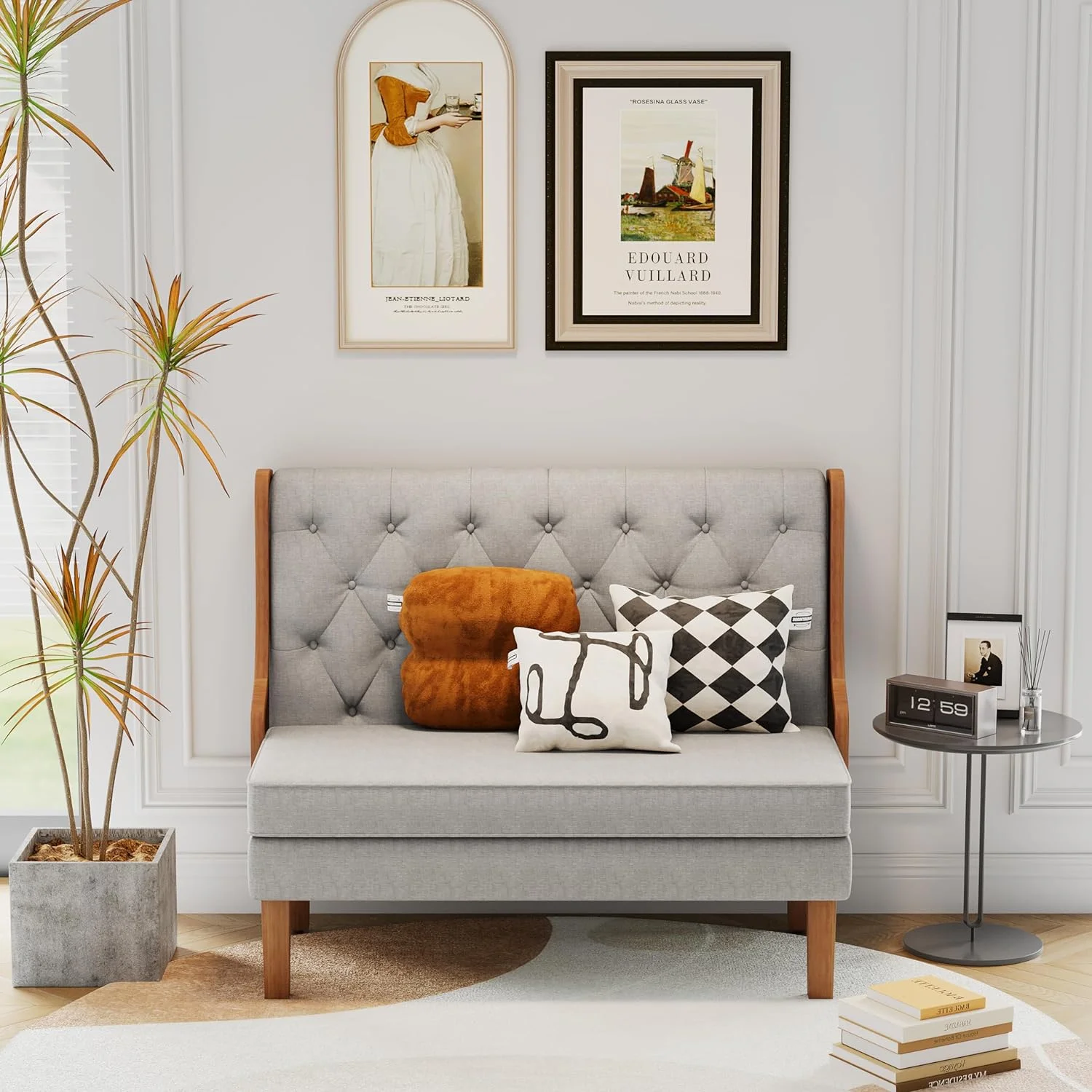 Loveseat Settee Bench with Natural Rattan Arms,Upholstered Modern High-Back Mini Sofa Couch,Banquette Dining Bench for Living Dining Room Bedroom Office Small Space Entryway,Light Grey