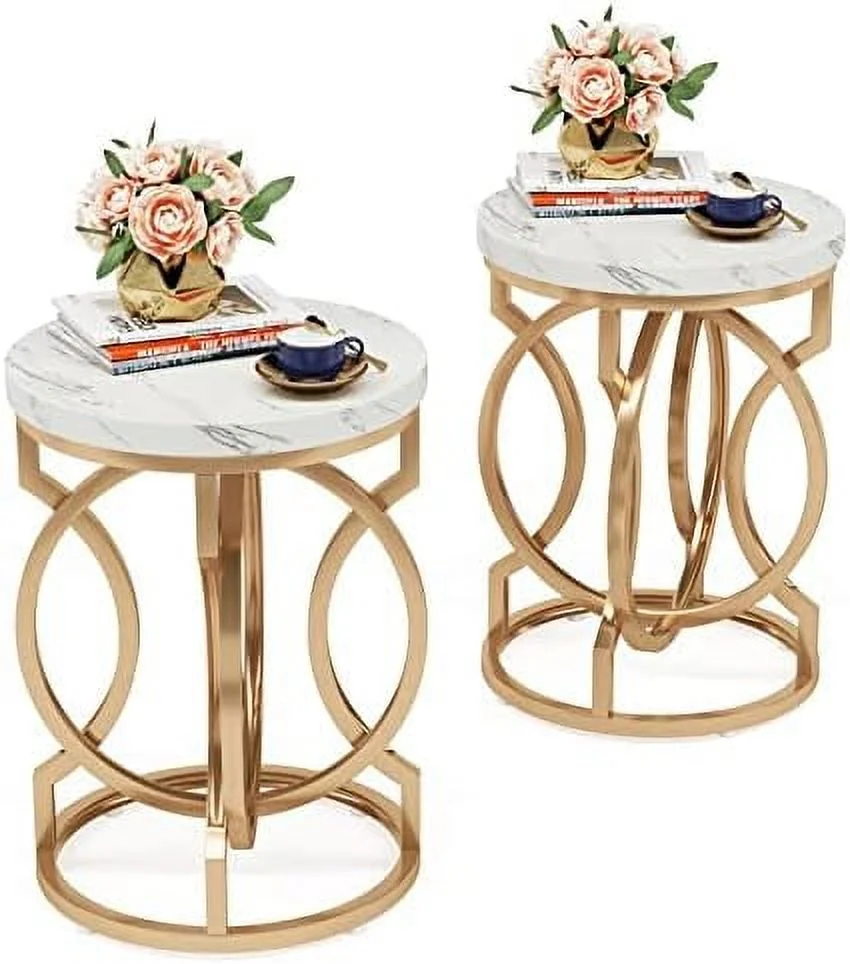 HJZBNONE Round End Table Set of 2  Multifunctional Accent Table Small Side Table for Living Room  Modern White Gold Nightstand with Faux Marble Tabletop  Bedside Table for Bedroom (2 PCS)