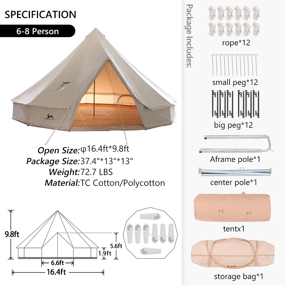 TOMOUNT Canvas Tent Bell Tent Yurt with Stove Jack Zipped Floor for Glamping 10ft/3m Dia 38LBS