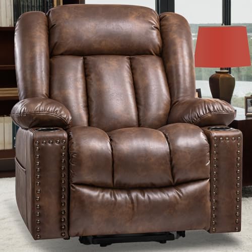 Large Power Lift Recliner Chair for Elderly with Heat and Massage, Lift Chairs for Seniors, 3 Positions, Breathable Leather, USB Ports, Cup Holder,Side Pocket, Light Brown