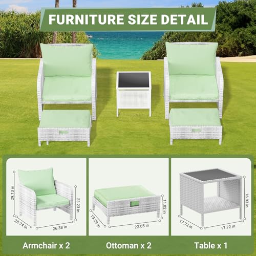LEVELEVE Balcony Furniture 5 Piece Patio Conversation Set, PE Wicker Rattan Outdoor Lounge Chairs with Soft Cushions 2 Ottoman&Glass Table for Porch, Lawn-Brown Wicker