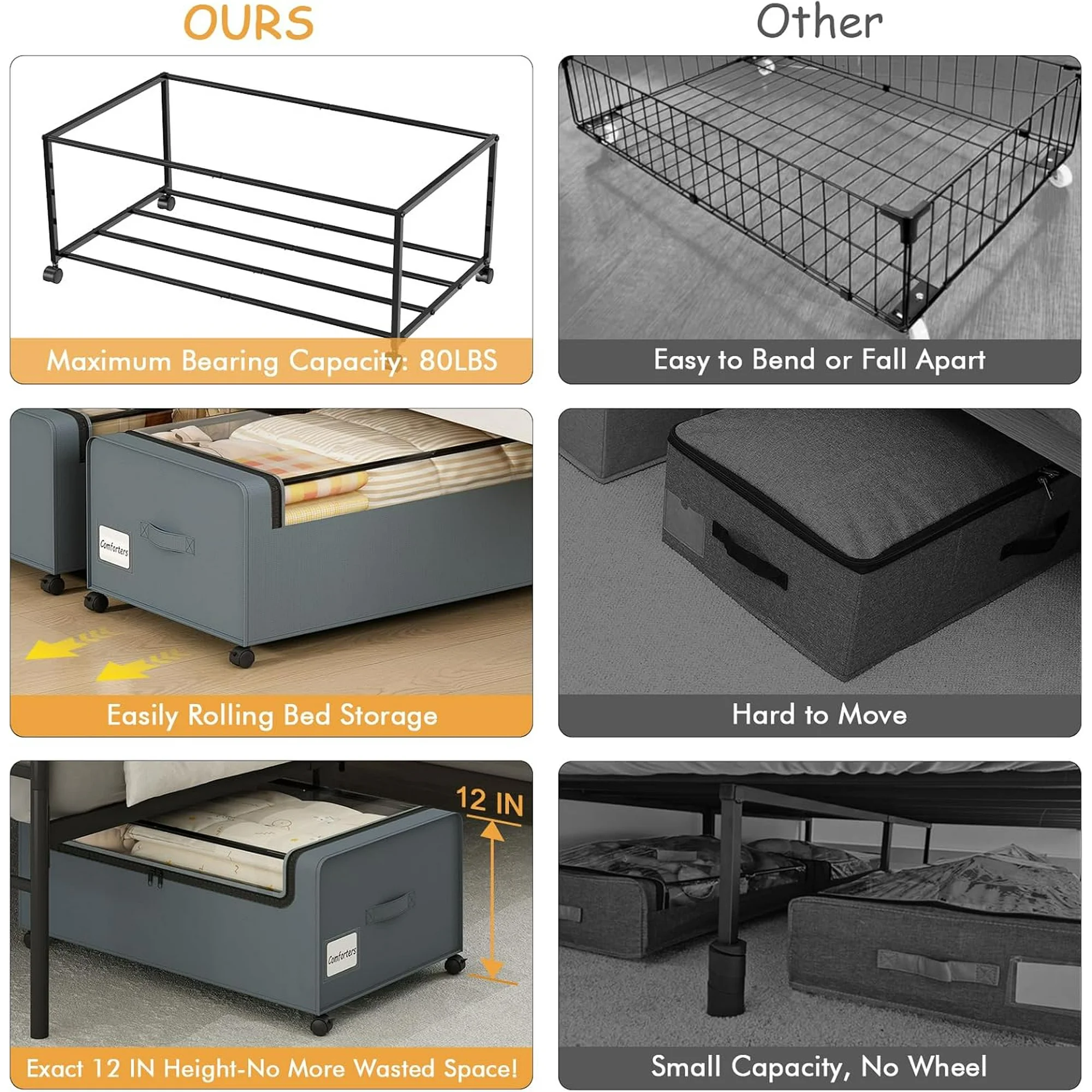 12 inch Under the Bed Storage Bins with Clear Lid, Under Bed Storage Containers with Wheels for Underneath Small Spaces Dorms, Blankets (2 Pack, Grey, 30.7x17.3x12)