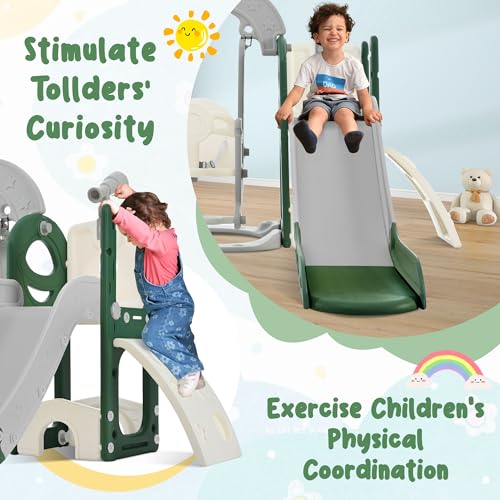 6 in 1 Toddler Slide with Swing Playset, Climbing Toys Indoor Outdoor for Toddlers 1-3, Kid Slide with Swing with Climber Basketball Hoop & Telescope, Freestanding Baby Playground