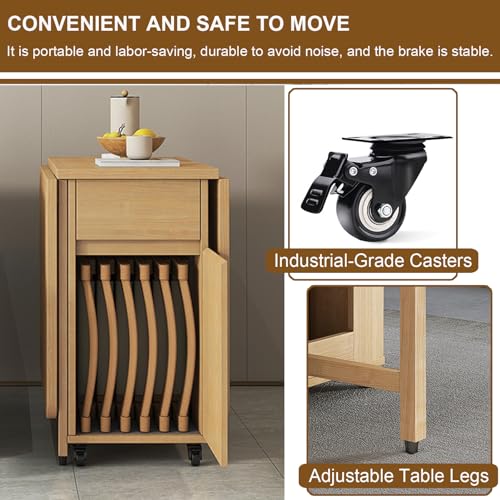Space Saving Folding Dining Table with 4-6 Chairs, Extendable Drop Leaf Farmhouse Wood Kitchen Dining Room Tables Set for 6, Collapsible Expandable Kitchen Dining Living Office Furniture,6 Cha