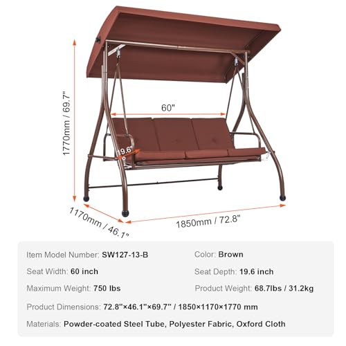 VEVOR 3-Seat Patio Swing Chair, Converting Canopy Swing, Outdoor Patio Porch with Adjustable Canopy, Removable Thick Cushion and Alloy Steel Frame, for Balcony, Backyard, Poolside, Brown