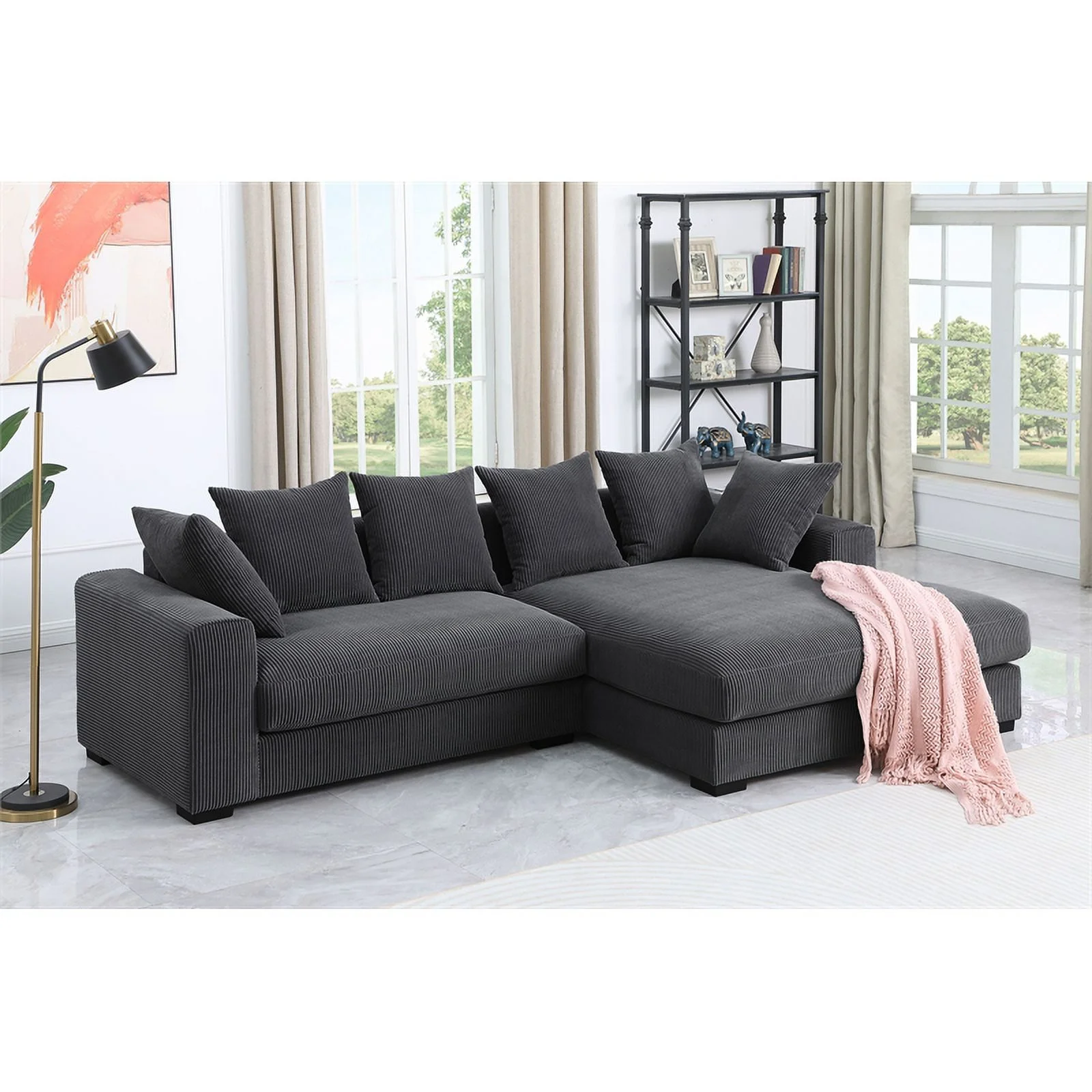 3 - Piece Upholstered Corduroy  Sectional Sofa With Chaise- Dark Gray