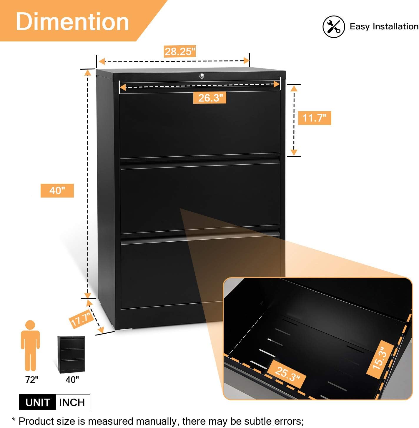 AOBABO 3 Drawer Lateral File Cabinet,Metal Filing Storage Cabinet with Lock,Steel File Cabinets for Office and Home,Black,Assembly Required