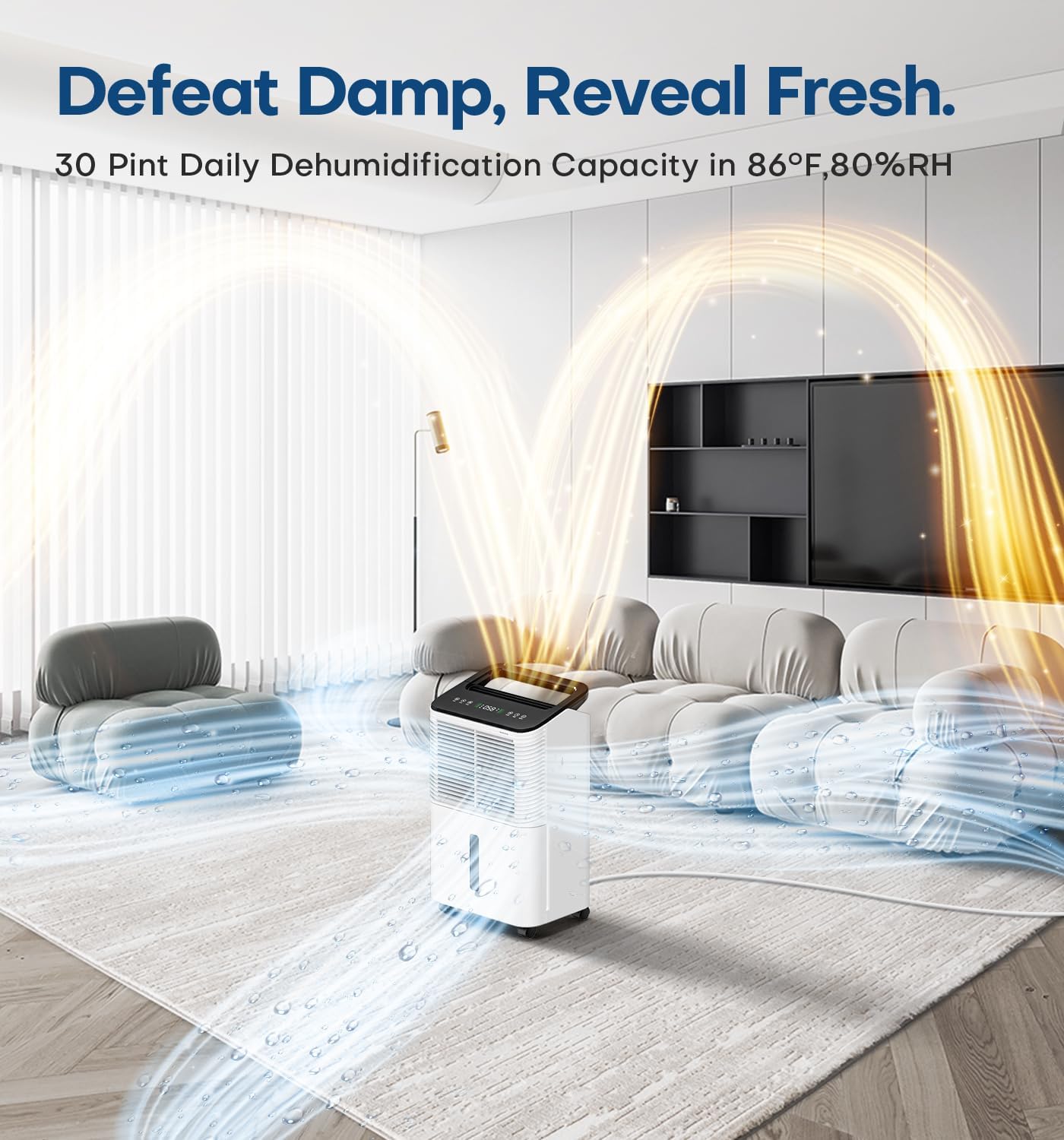 TABYIK 30 Pint Dehumidifier for Basement, with Drain Hose for Large Bedroom Bathroom, with Auto Humidity Control, 24H Timer