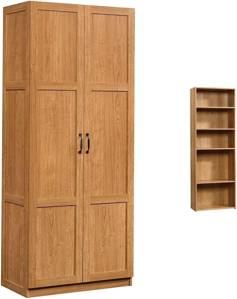 Sauder Storage Solutions Bundle - Pantry Cabinet + 5 Shelf Bookcase, Highland Oak Finish