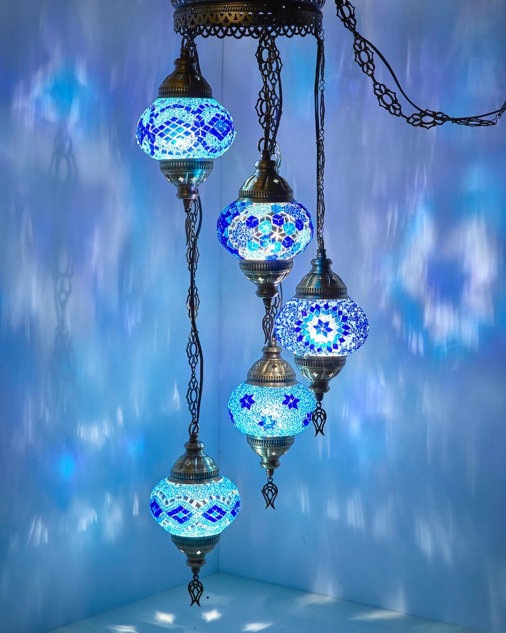 DEMMEX PLUGIN Turkish Moroccan Mosaic Chandelier Light, Ceiling Hanging Lamp Pendant Light Fixture with 15ft 4.5mt Cord Chain and Plug, Handmade, Customizable (5 Globes PLUGIN, 42"- 105cm Height)