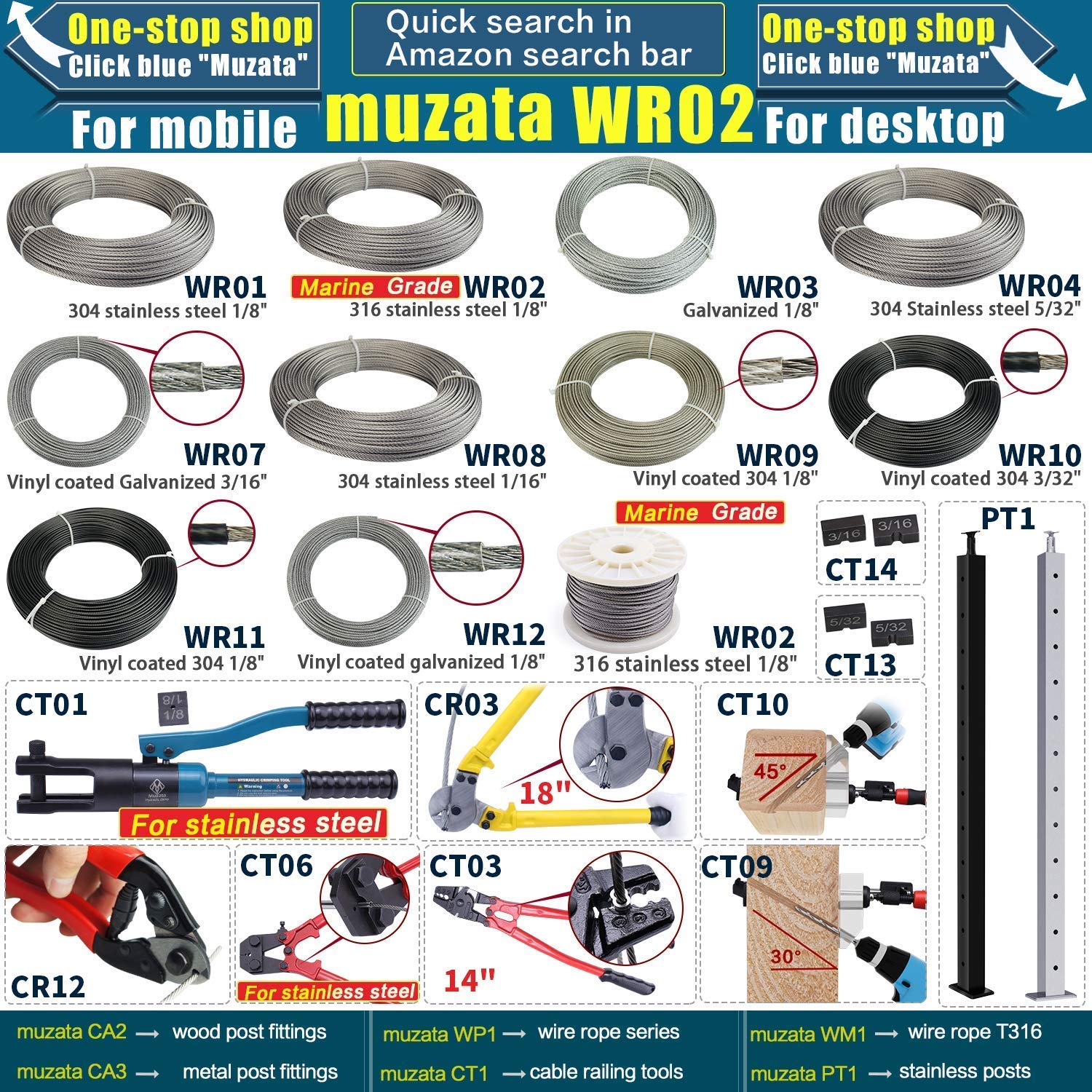 Muzata 165 Feet Wire Rope Crystal Vinyl Coated Galvanized Steel 3/16 Thru 1/4 Aircraft Cable for Railing Decking Stair Balustrade DIY,7x7 Strand WR20, WP1 WC1