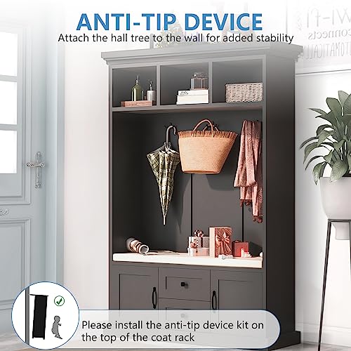 70.9 Inch Black Hall Tree, 3 in 1 Farmhouse Mudroom Bench with Storage and 4 Hooks, Wood Entryway Coat Rack Shoe Bench, Soft Cushion and Storage Drawers for Living Room, Bedroom, Hallway