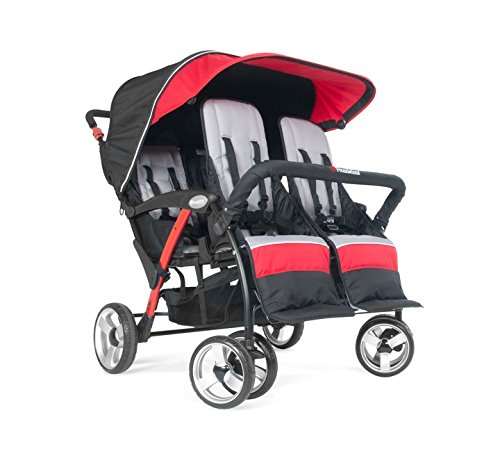 Foundations Quad Sport 4-Passenger Folding Stroller with Canopy, 5-Point Harness, Foot-Brake, Red