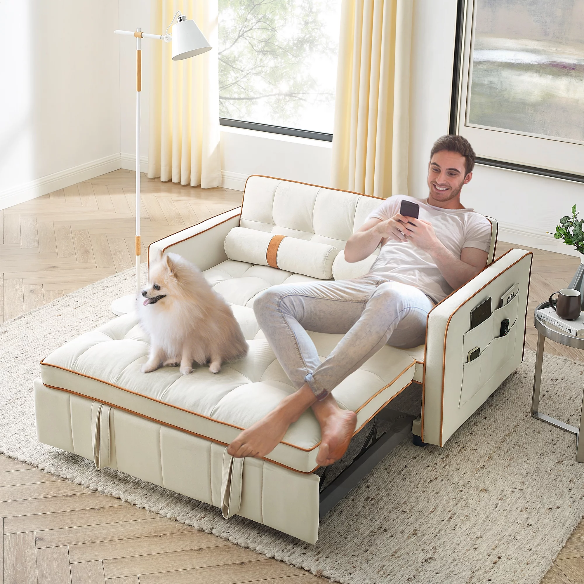 KINFFICT Futon Sofa Bed, Convertible Sleeper Sofa Bed with Pull Out Couch, Modern Velvet Loveseat Sleeper, Small Couch for Living Room, Beige