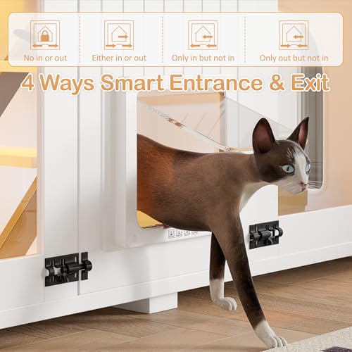 47.25 Inch Multi-Functional Hidden Cat Litter Box Enclosure with Smart Door & LED Light, Modern Cat House with Scratching Post & Stairs, Can be Used as Side Table/TV Stand - White