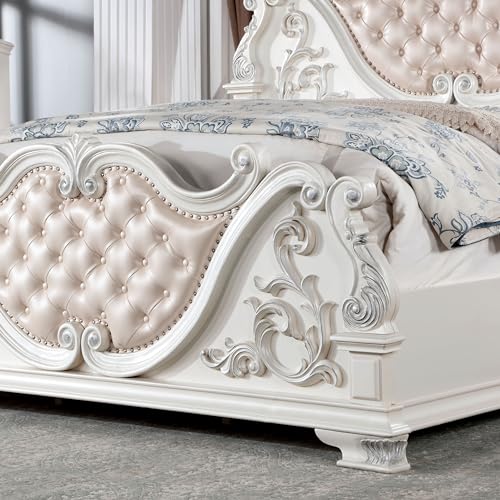 Furniture of America Clairibel Wood 5-Piece Bedroom Set, King-Size Bed with Button-Tufted Headboard, Marble Top Nightstand and Dresser & Dovetail Drawers, Box Spring Required, Pearl White
