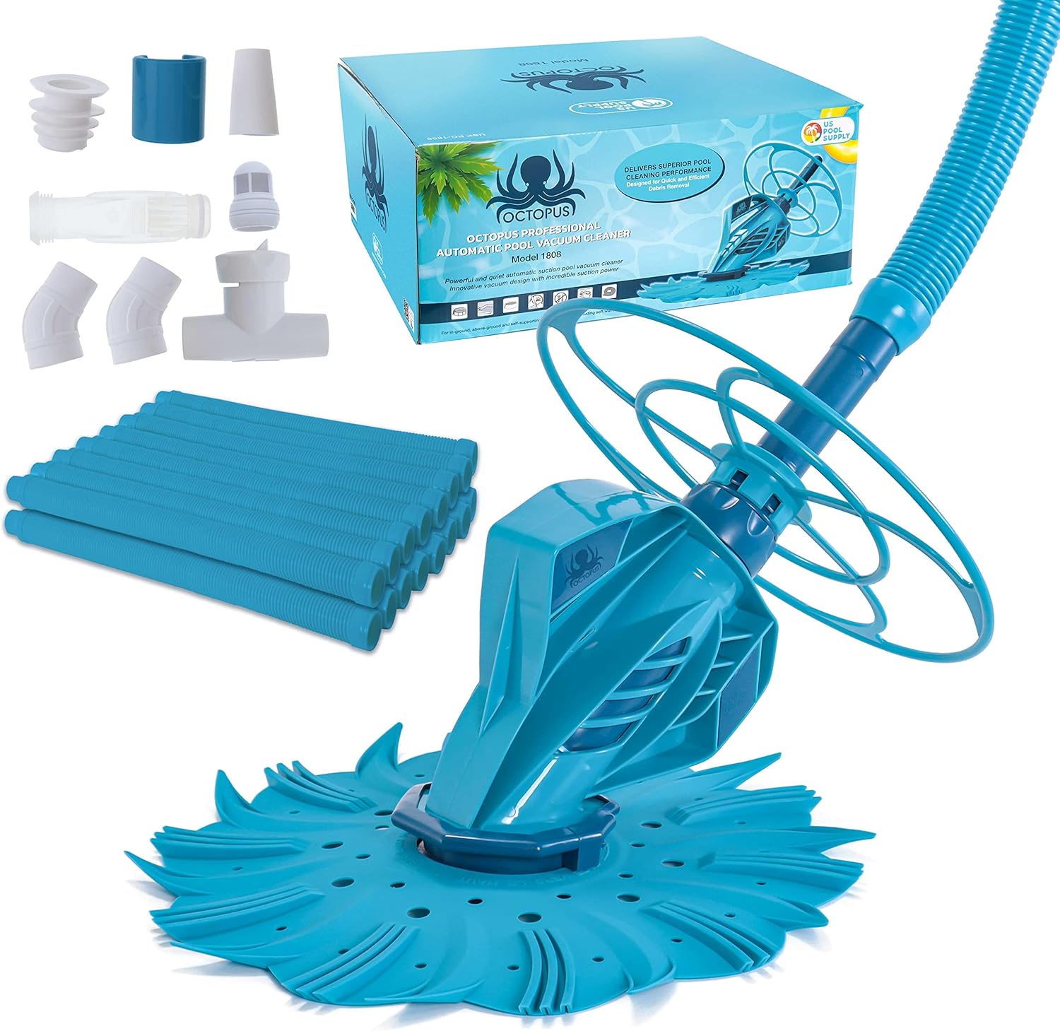 U.S. Pool Supply Octopus Professional Automatic Pool Vacuum Cleaner & Hose Set - Powerful Suction That Removes Swimming Pool Debris, Cleans Floors, Walls, Steps - Quiet Cleaning Side Climbing Sweeper