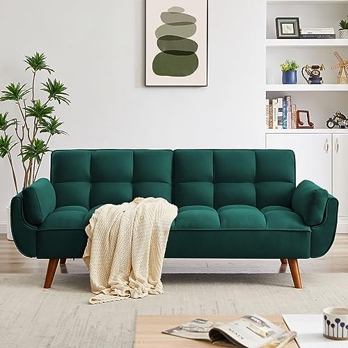 76 Inch Futon Sofa Bed, Modern Tufted Linen Fabric Convertible Sleeper Sofa with Adjustable Positions and Solid Wooden Legs, Comfy Split Back Sofa Couch with Pillow Top Arm for Living Room, Yellow