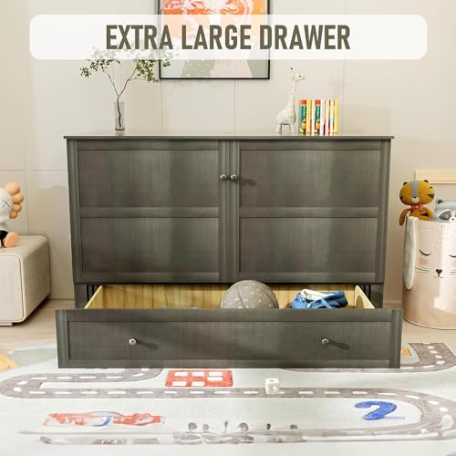 Murphy Bed Queen Cabinet, Pine Wood Murphy Bed,Queen Cabinet Bed with Mattress,Storage Drawer, USB Charging Station,14pcs Auxiliary Wheels for Living Room Apartment (Grey for Queen Size)