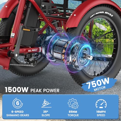 MOONCOOL Electric Trike, Electric Tricycle for Adults, 20" Folding 3 Wheels Electric Bicycle Bikes, 48V 500W/750W Motorized Electric Ebike with Aluminum Frame, Removable Battery and Basket