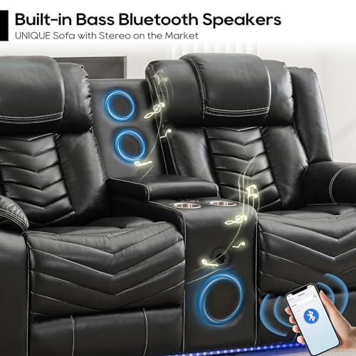 Manual Recliner Sofa Set with Wireless Charger for Living Room, Leather 3 Seater Reclining Sofa and Loveseat Seating Couch with Bass Speakers, LED Lights,Home Theater Love seat Sets with Console, Grey